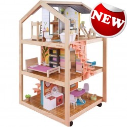 Casuta pe roti Stilata si Eleganta din lemn, 360gr pentru papusi cu 40 accesorii